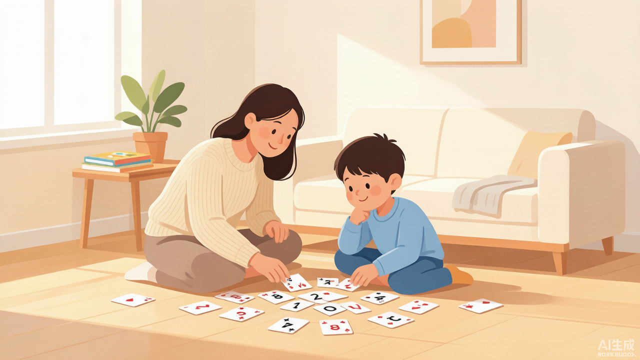 妈妈陪孩子在家玩扑克凑十游戏，在家培养孩子数学思维的亲子游戏