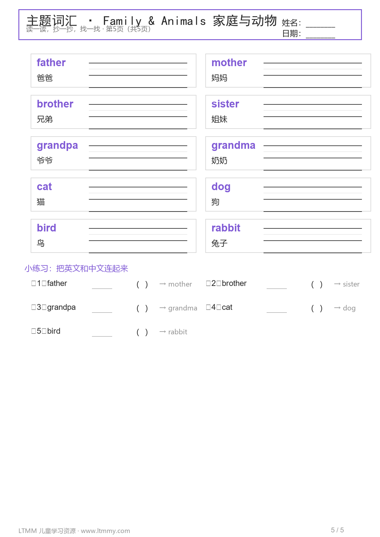 二年级主题词汇家庭动物页预览